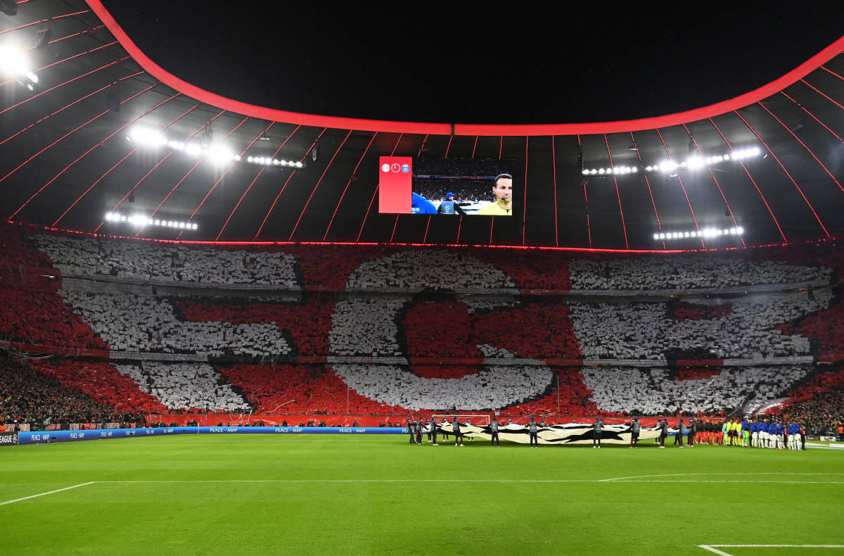 A photo taken from inside the Allianz Arena before kick-off between Bayern Munich and PSG in March 2023